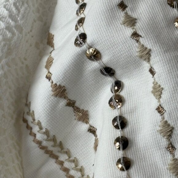 Chico’s Linen Ivory & Gold Open Front Tribal Jacket Size 3 XL Gold Tone Beading - Picture 4 of 8